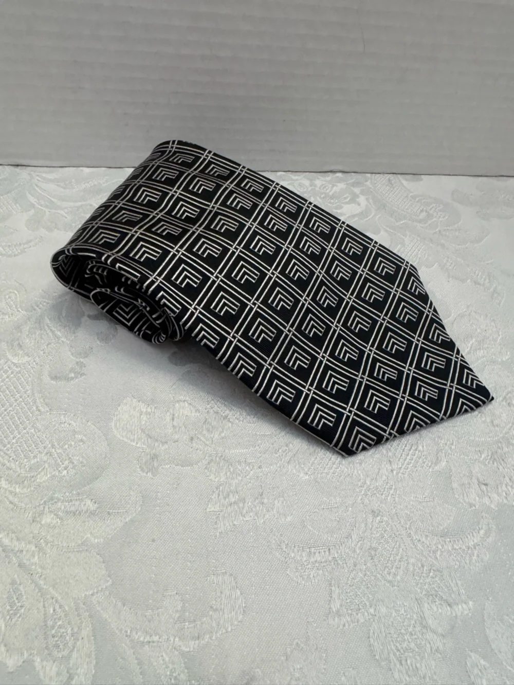 Polo By Ralph Lauren Vintage Silk Tie‎ Black White Geometric Grid Old Money Work